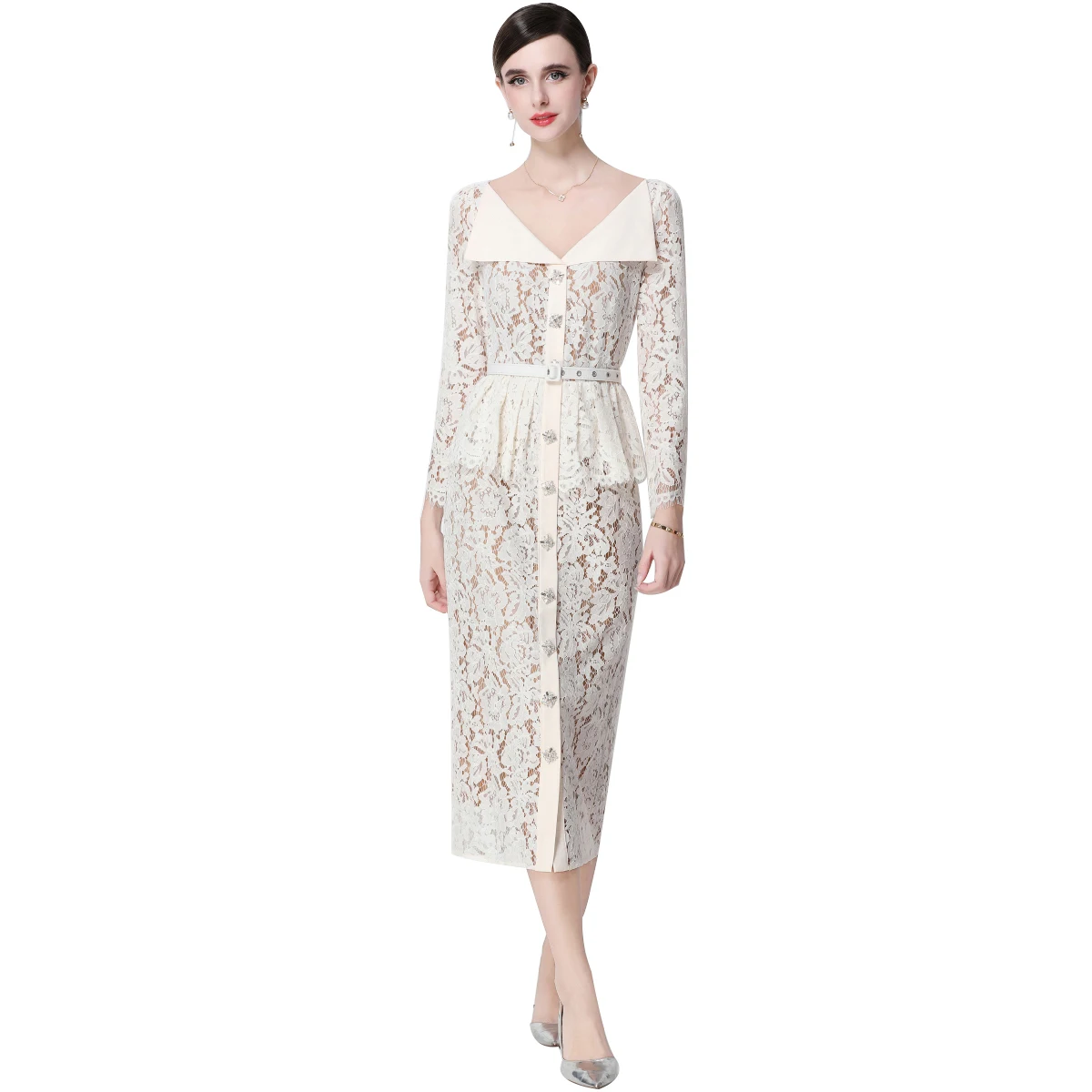 Quality Autumn Long Sleeve Midi White Lace Evening Sheath Dress Women Summer Autumn Beaded Diamonds Prom Wedding Dresses