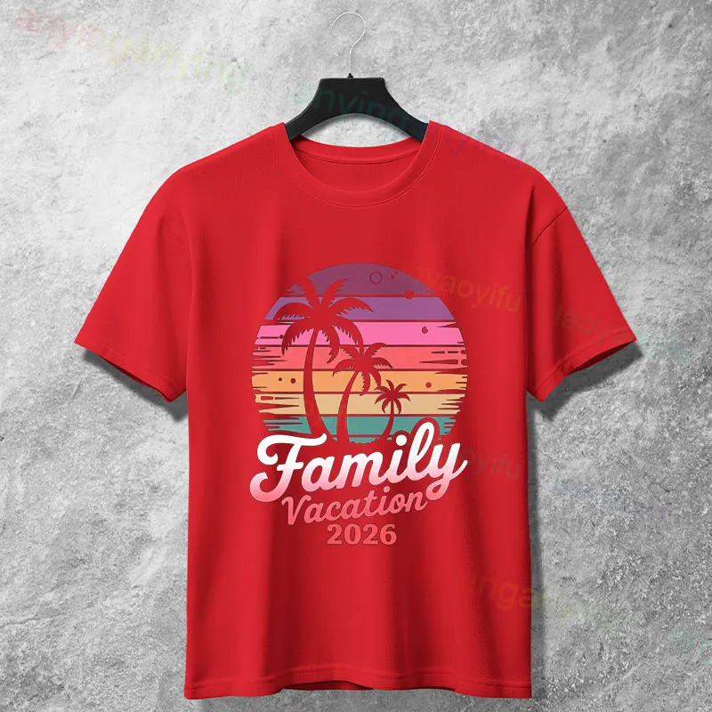 

Футболка унисекс с ретро-принтом «Пальмы на закате» для семейного отдыха 2026, 100% хлопок, с коротким рукавом, повседневная, всесезонная
