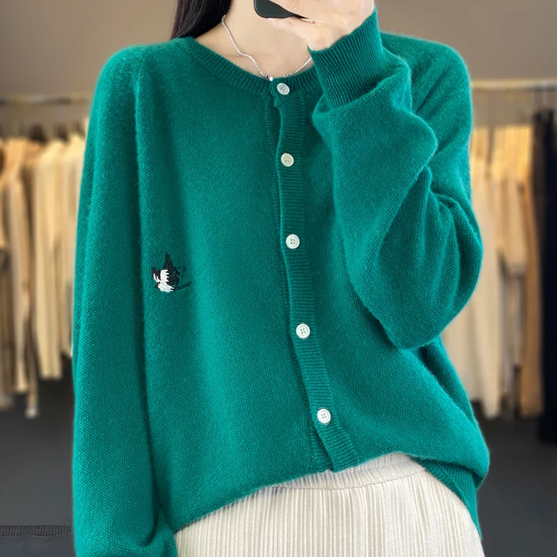 23 Autumn Winter New Woolen Sweater Women's Round Neck Long Sleeved 100% Pure Wool Loose Solid Color Embroidered Style Cardigan