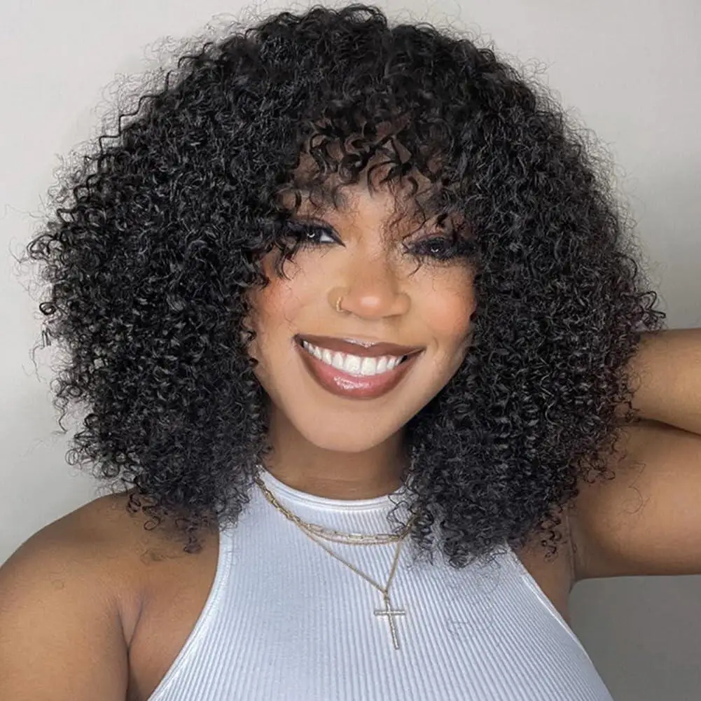 Kinky Curly Bob Human Hair Wigs With Bangs Glueless Middle Part 2X1 Lace Wig Ready To Wear Short Curly Bob Wigs Remy Indian Hair