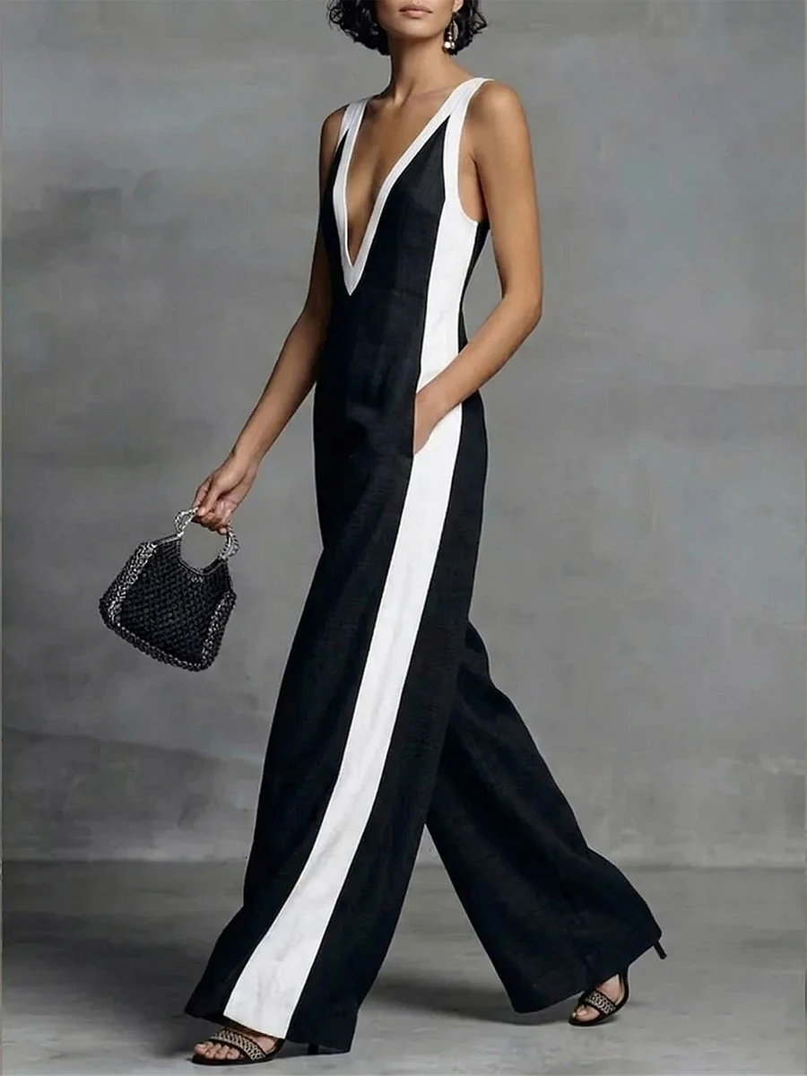 Missuoo 2026 Summer Women's Casual Wide Leg Jumpsuit Black & White Trim Deep V-Neck Sleeveless One-piece Suit With Pockets