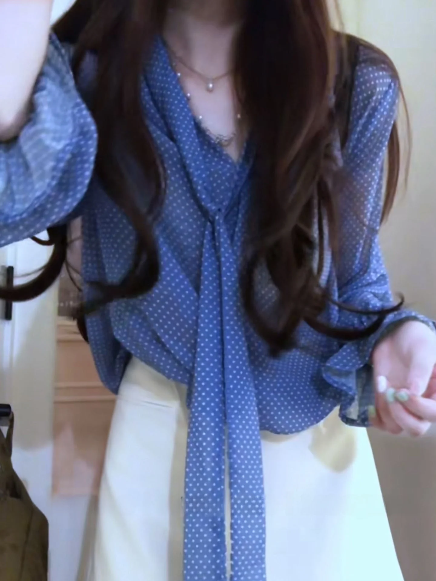 

Blue Polka Dot V-Neck Sash Long Sleeve Loose Fit Summer Thin Sun Protection Women's Shirt Fashionable Casual Style French Style