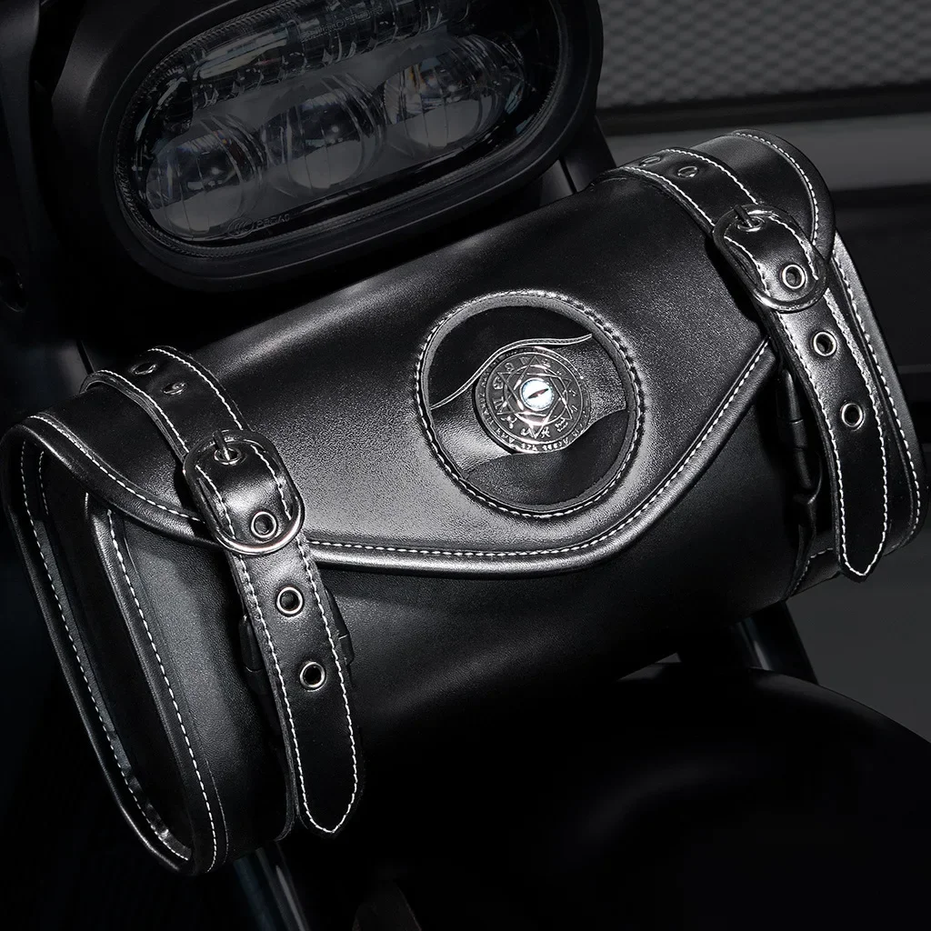 Gothic Occult All-Seeing Eye Motorcycle Barrel Bag, Punk Rivet Leather Handlebar Fork Bag with Detachable Strap FBG379BK