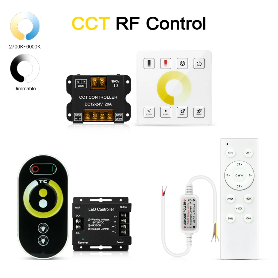 

Контроллер диммера RF CCT, 12 В, 24 В постоянного тока для светодиодной ленты CCT, 2700K-6000K, регулируемый Радиочастотный пульт дистанционного управления сенсорной панелью, Диммируемый диммер CCT