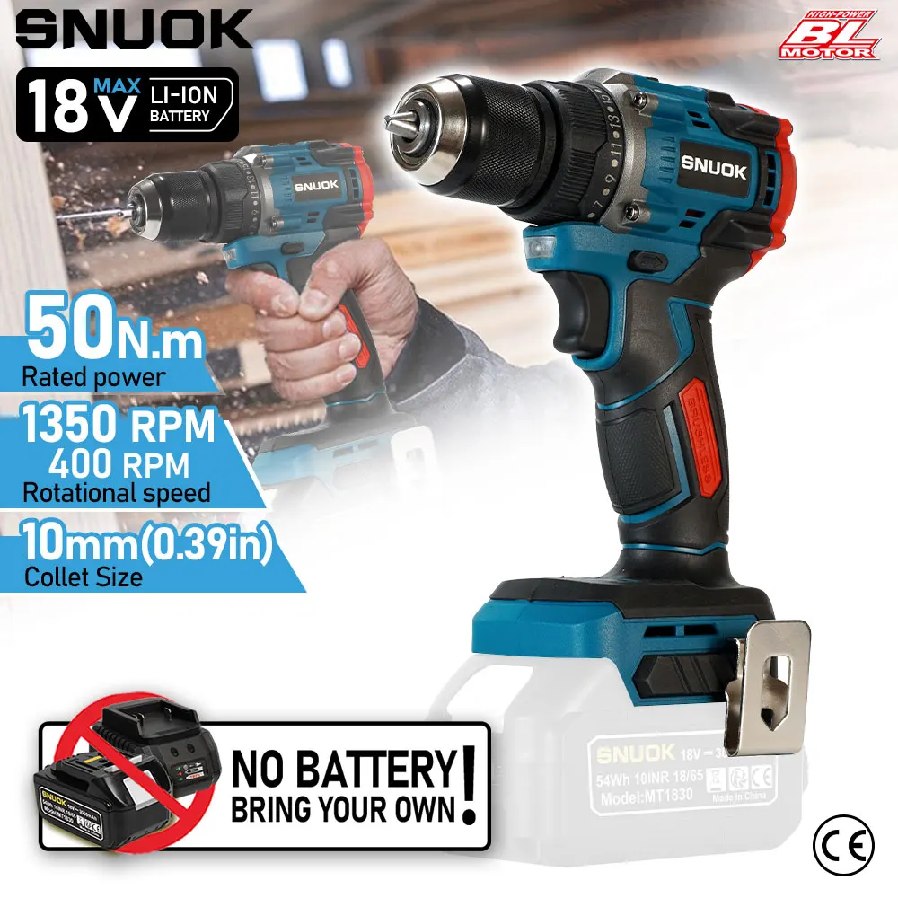 SNUOK 18V Brushless Bare Metal Impact Drill Power Tool Impact Drill/Hammer Drill/Screwdriver Three in One For Makita Battery