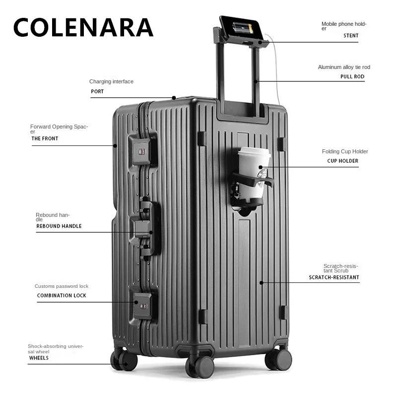 COLENARA-Multifuncional Alumínio Quadro Trolley Case, Mala De Viagem De Grande Capacidade, Bagagem De Abertura Frontal, 26 "28" 30"