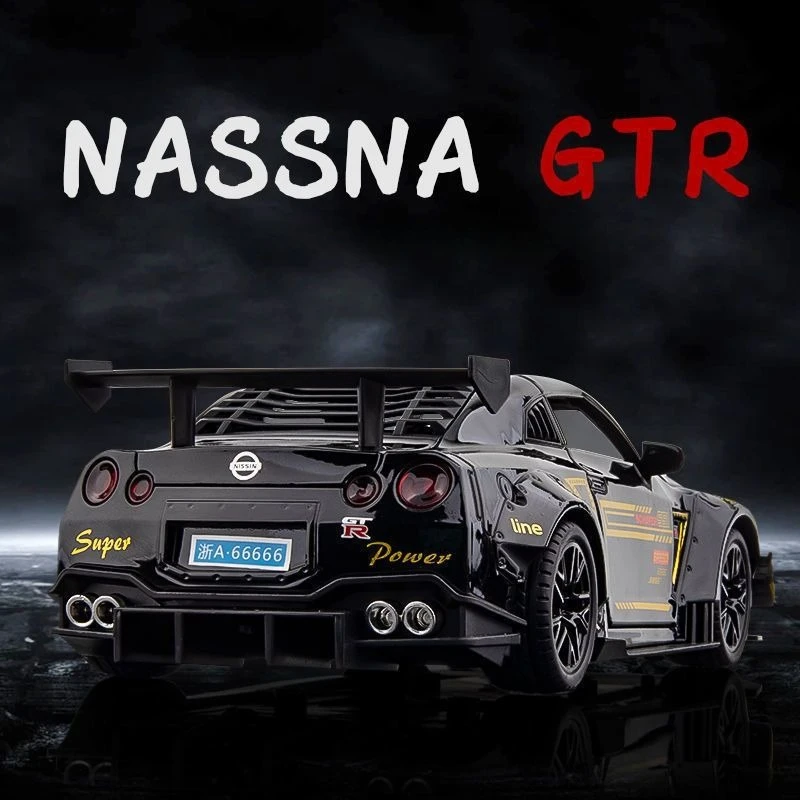 1:32 scale nissan gtr r35 sports car alloy diecast model car four doors open pull back light sound kids toy collection gift