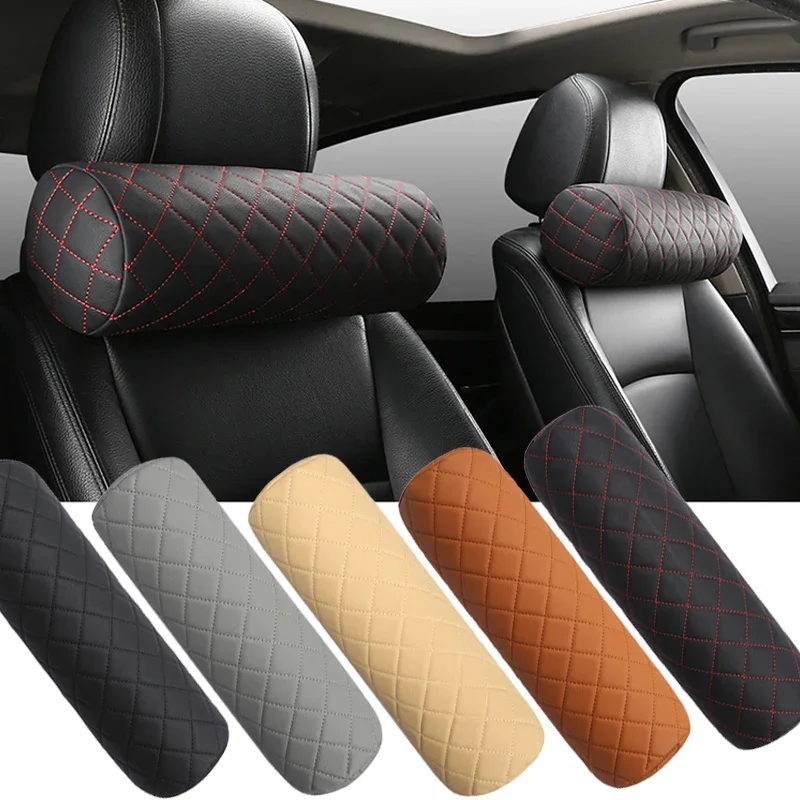 

Luxury Car Seat Neck Pillow Headrest Leather Memory Foam Breathable Cervical Cylindrical Pillow Office Chair Headrest Protector