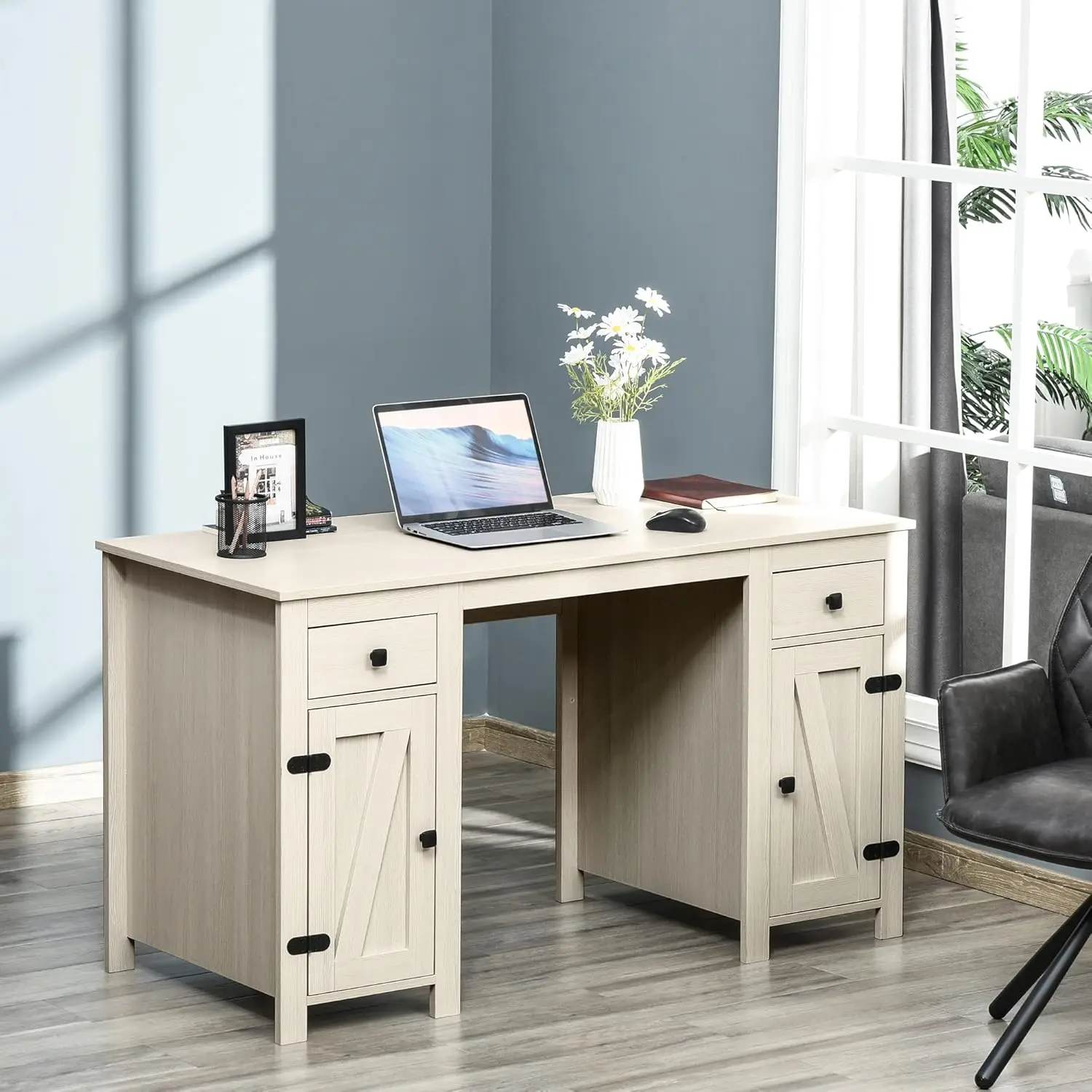 Farmhouse Computer Desk With Storage, Home Office Desk With 2 Drawers And 2 Cabinets, Cream White