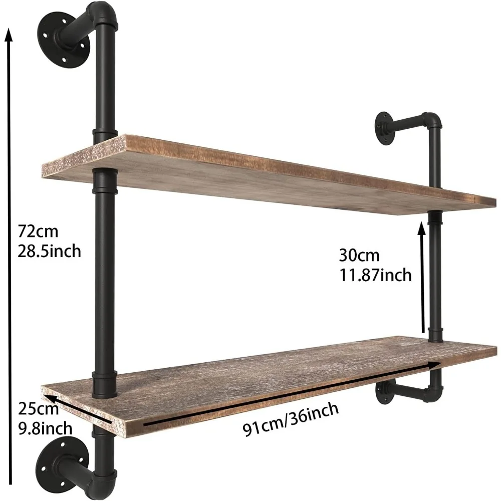 Industrial Floating Pipe Shelves with Wood planks 36 inch Industrial Wall Shelf,2Tier Floating decorative shelves