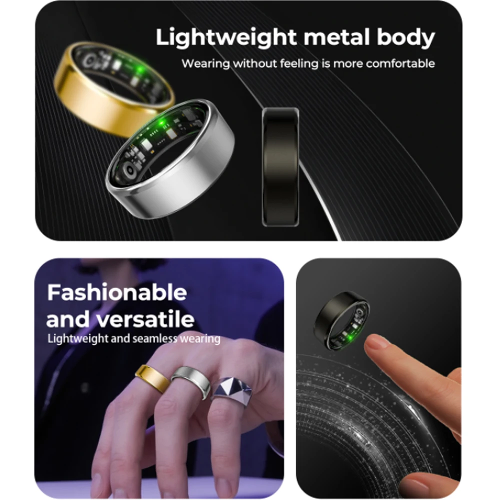 R100 Uomo Donna Anello intelligente IP68 Impermeabile HRV Frequenza cardiaca Ossigeno nel sangue Monitor antistress Fitness Tracker Anello da dito intelligente