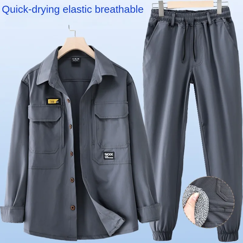 Summer Ice Silk Quick-drying Men's Light and Thin Breathable Elastic Labor Protection Casual Outdoor Work Clothes Suit