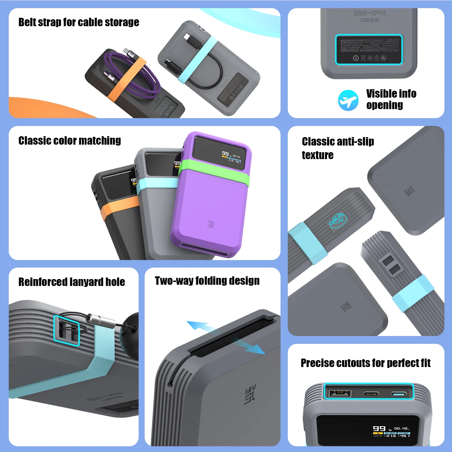 SIKAI Silicone Powerbank Case For CUKTECH No.15 AIR 100W Portable Power Bank 15000mAh Travel Design with Data Cable Storage Ring