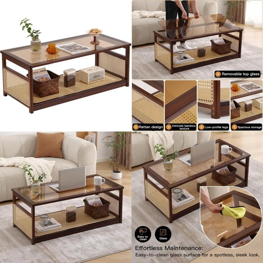 

Modern Mid-Century Rattan Coffee Table with Storage Shelf for Living Room, 2-Tier Rectangle Design