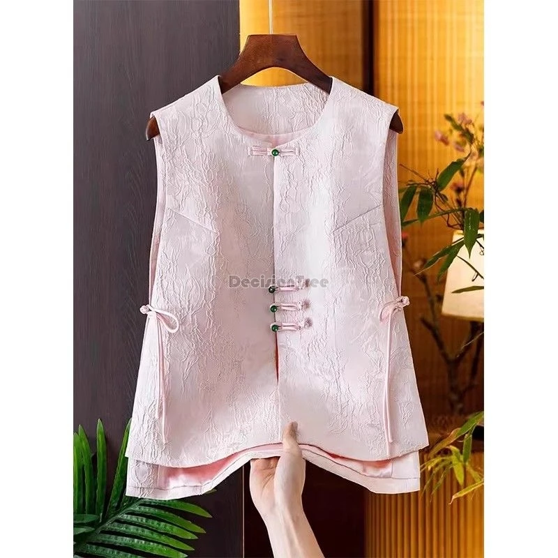 

2024 new chinese style pan button vest vintage fashionable sleeveless jacquard top elegant versatile patchwork casual waistcoat