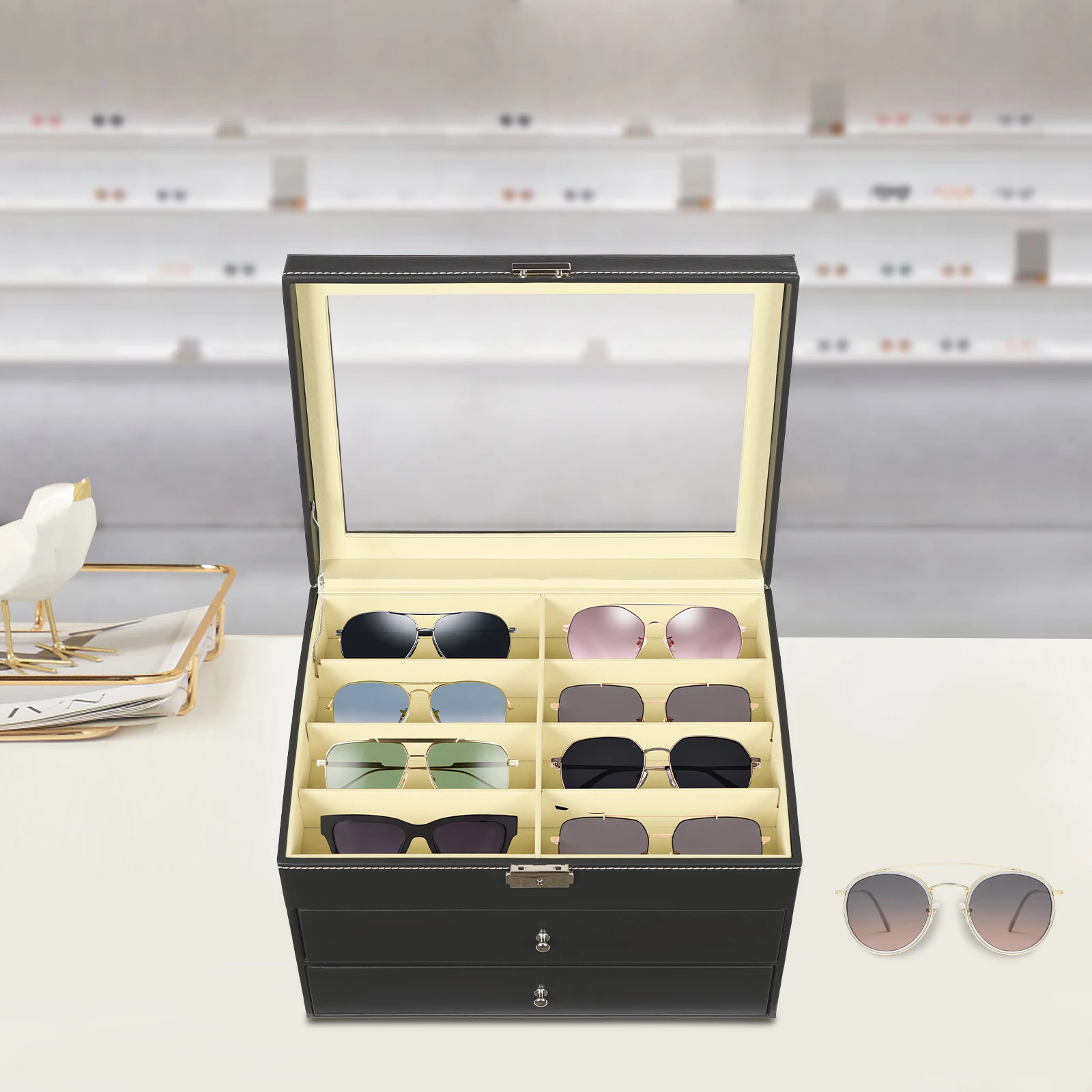 3-Schichten Organizer aus Leder mit Schublade 24 Fächer Brillenbox Aufbewahrungskoffer Rostbeständig für Sonnenbrillen – Detail 4
