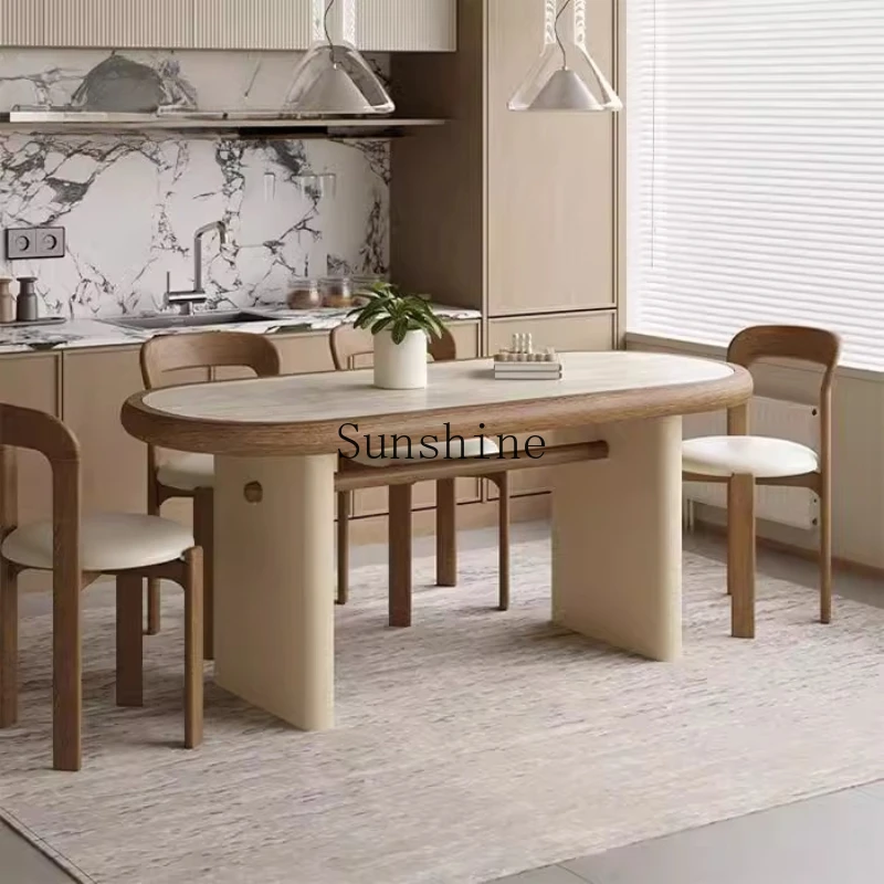 

French retro cream style solid wood oval rock slab dining table and chair combination household simplicity