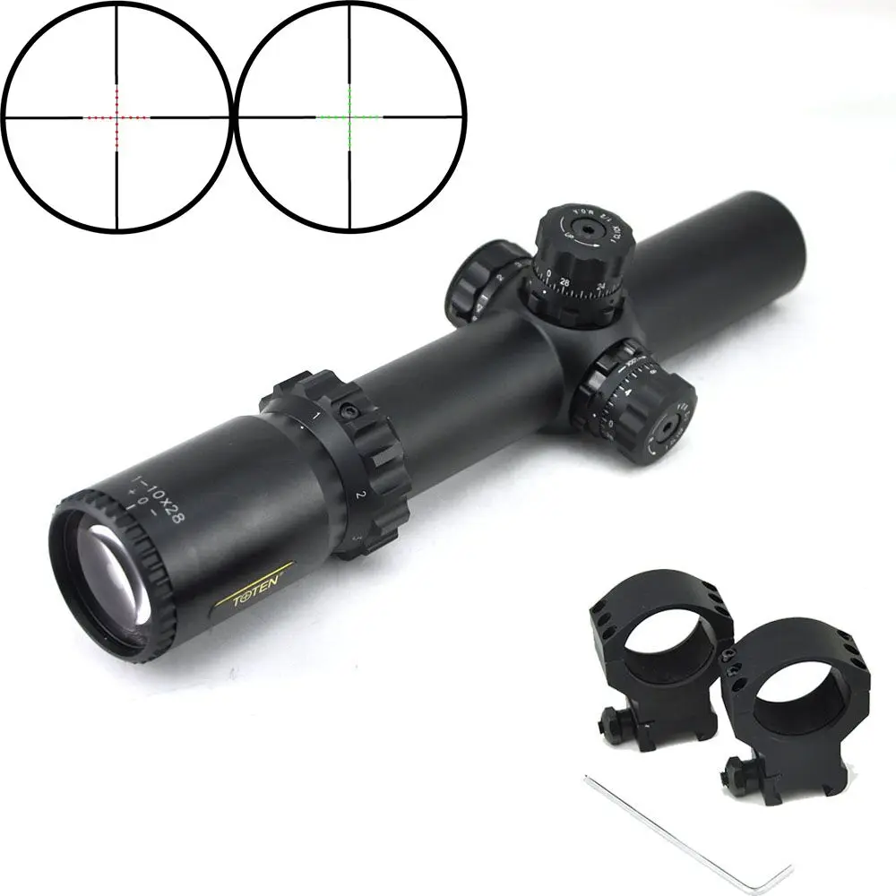 TOTEN 1-10x28 Hunting Riflescope Mil Dot Red Green Illuminated Turret Lock Side Focus FMC Long Range Optical Sights .30-06 .308