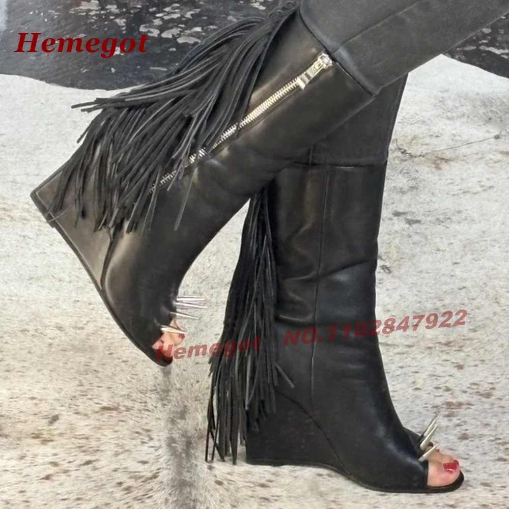 Black Studded Wedges Ankle Boots Peep Toe Fringe Side Zipper High Heels Women's Sandal Boots Tassel Splicing Runway Shoes Sexy