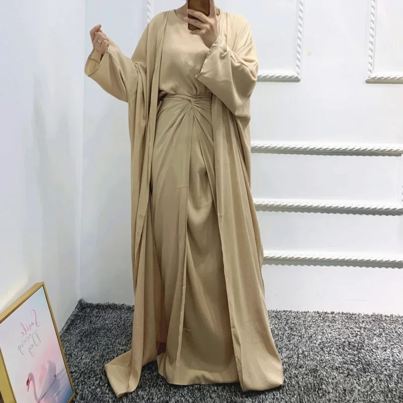 3 Piece Matching Set Women Muslim Linene Dubai Arabic Modest Outfit Plain Kimono Open Abaya Maxi Dress Wrap Front Skirt Long Eid