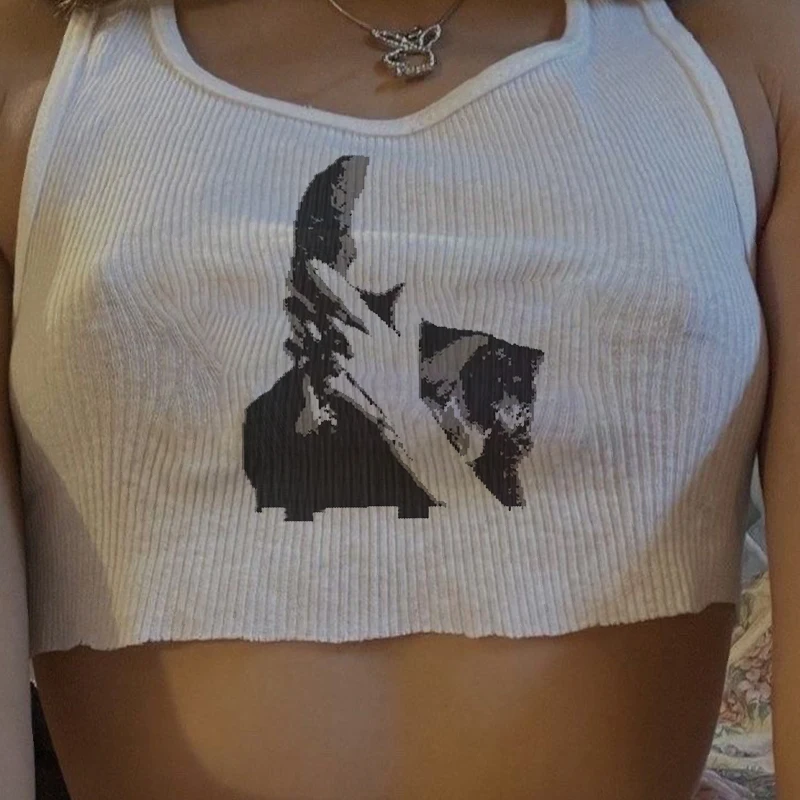 Summer Women Sexy Sleeveless White Crop Tops Y2k Goth Portrait Graphic Print Vest Fashion TankTop 2000s Spicy Girl Aesthetic Top