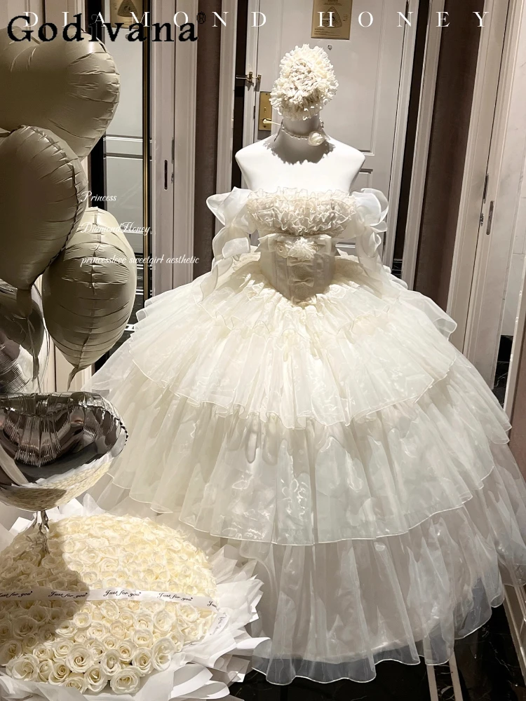 

Women's Gentle Sweet Long Wedding Dress Lady High Waist Slim Off-Shoulder Evening Dress Adult Ceremony Princess Dress Ball Gown