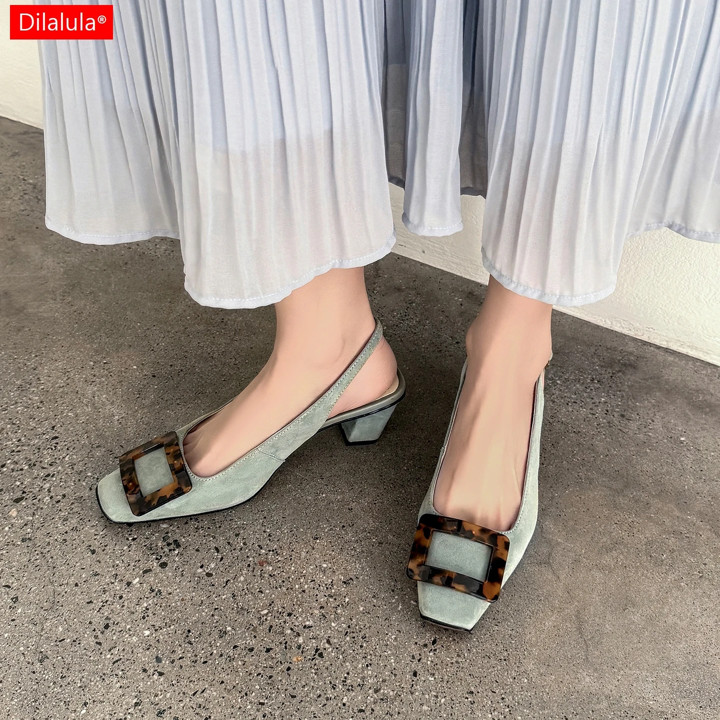 

Dilalula 2026 Classic Kid Suede Sandals Women Square Button Dec Med Heels Office Lady Dress Sandals For Party Dating Footwear