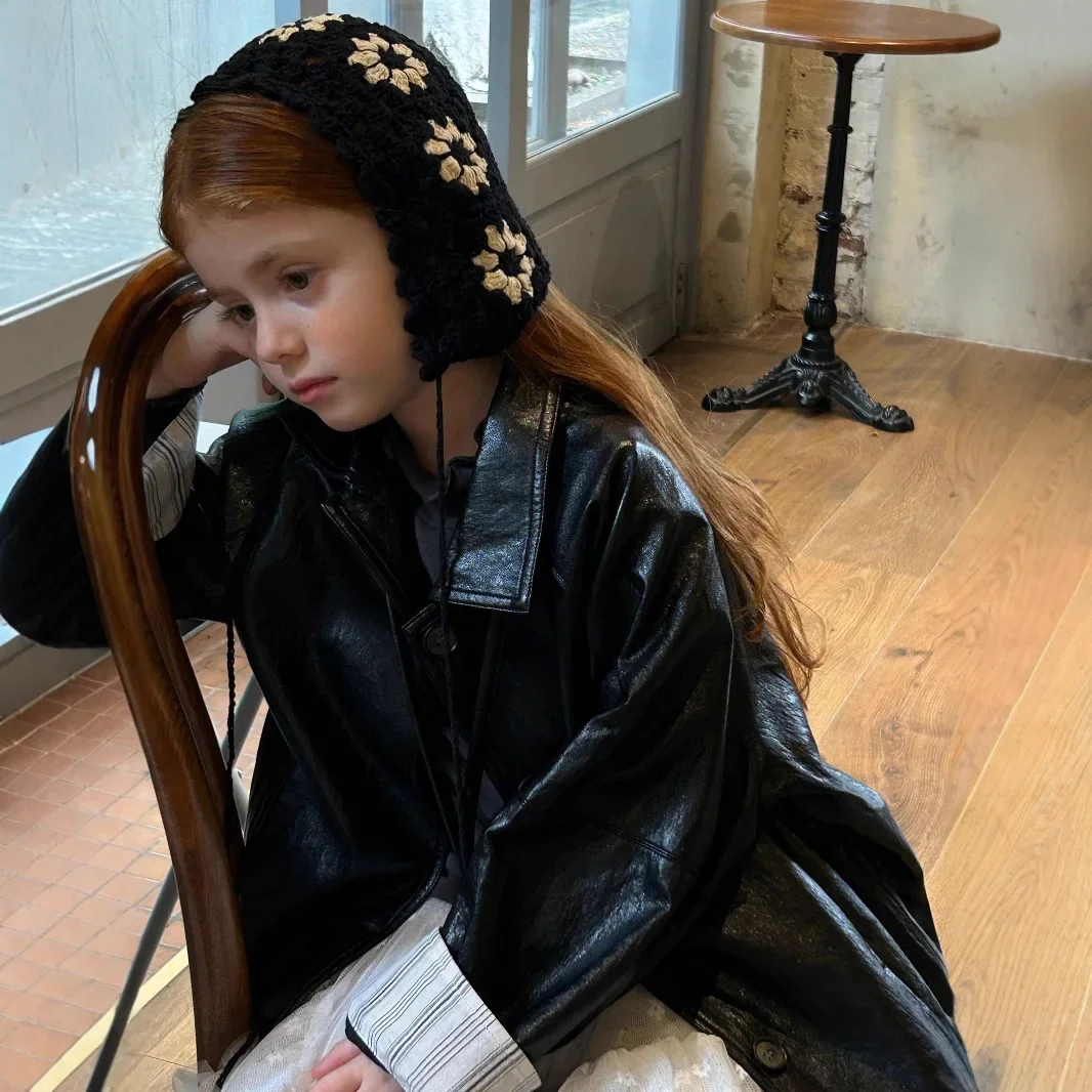 

2025 Spring Autumn New Girls Fashion Simple and Versatile Striped Black Turn-down Collar Leather Coat