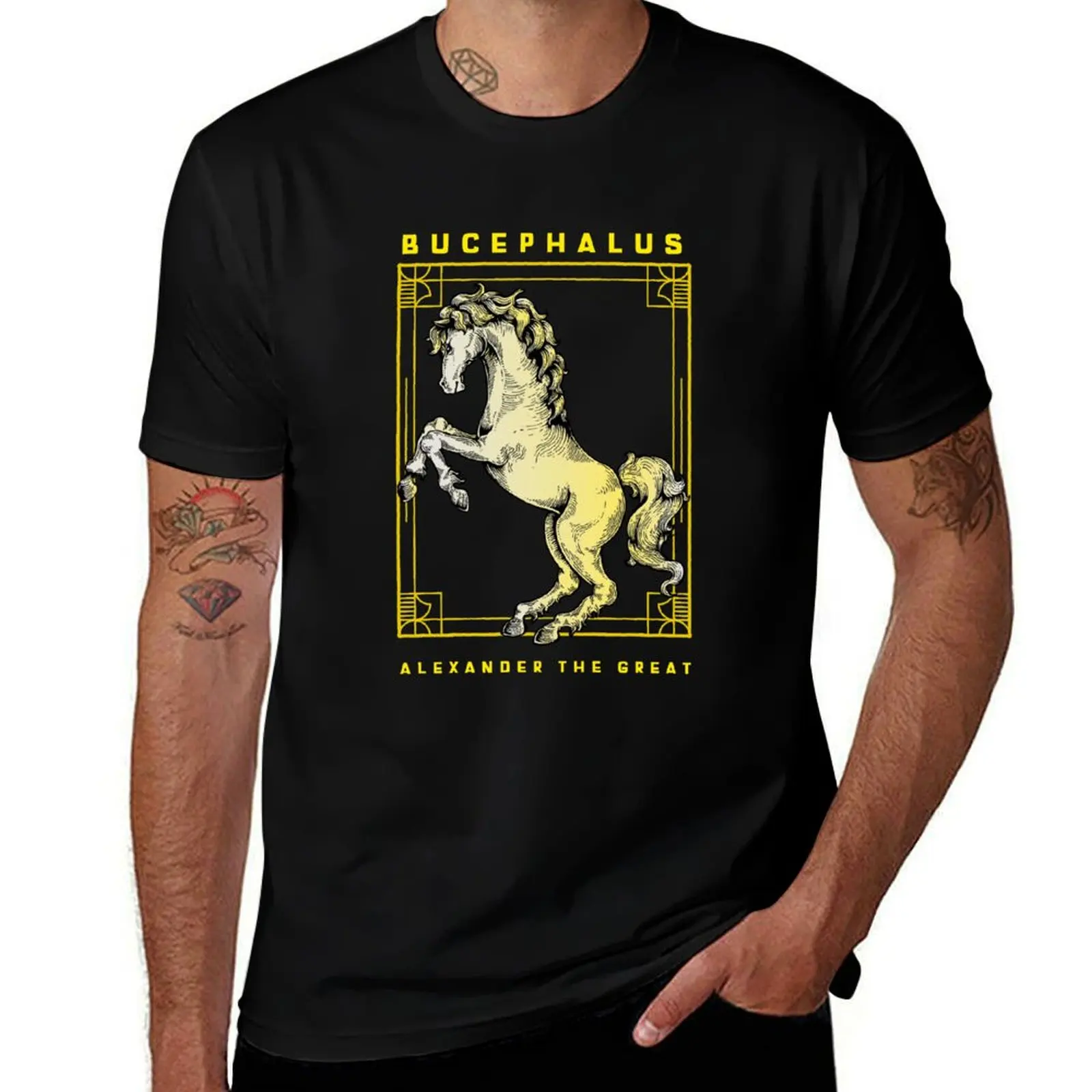 

Bucephalus, Horse of Alexander The Great, 16th Century Etching In Gold T-Shirt anime tshirt t shirt man cotton