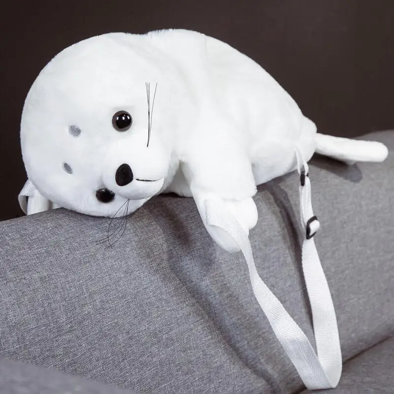 بلوشي دمية ختم أفخم المدرسية حقيبة كتف حقيبة محشوة على ظهره الكرتون لطيف الأبيض أسد البحر حقيبة قطيفة الفتيات هدية