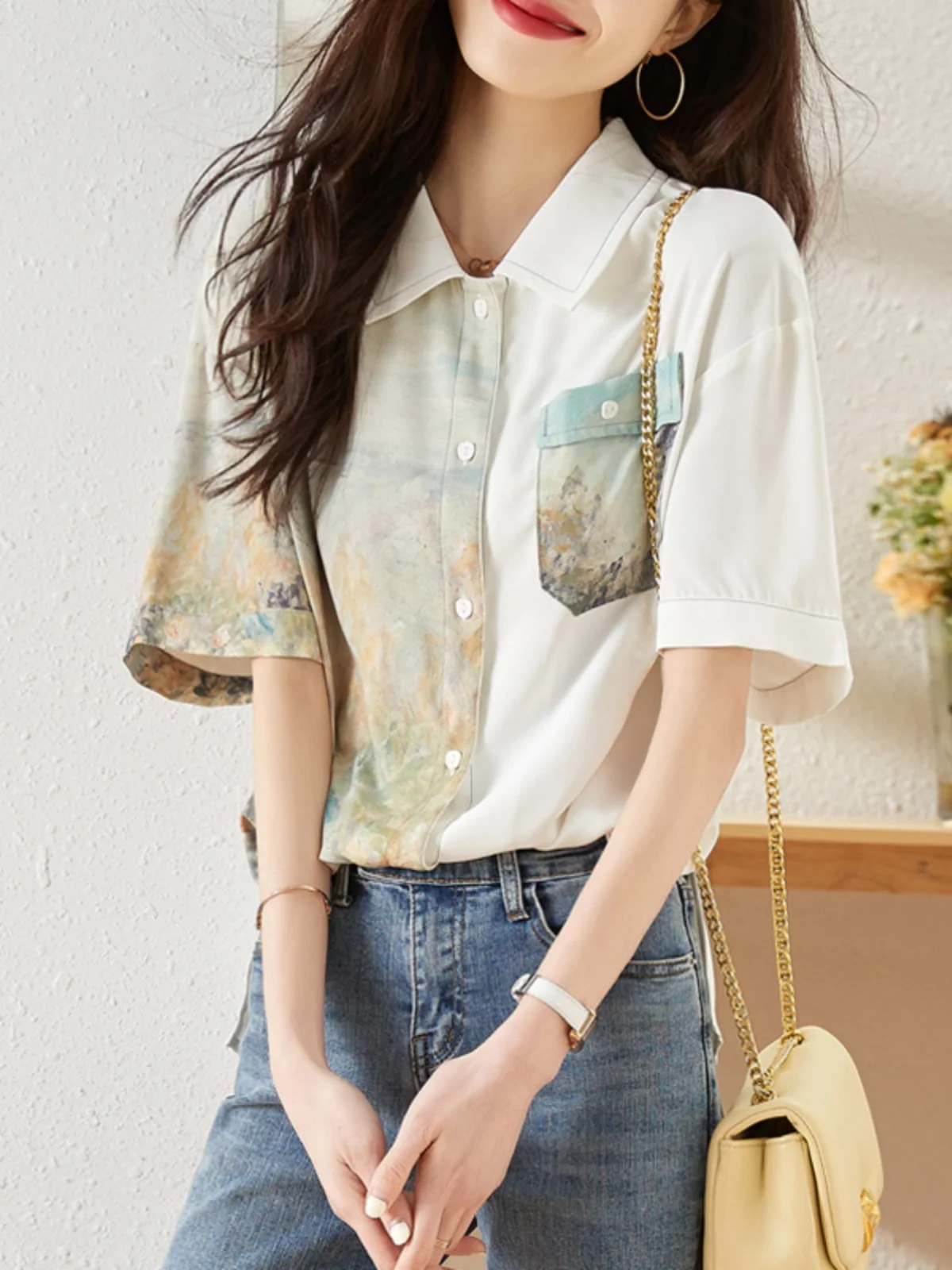 Camisa de manga corta holgada y adelgazante con cuello recto para mujer, estilo informal de verano, de marca Outlet, con bloques de color y hombros caídos.