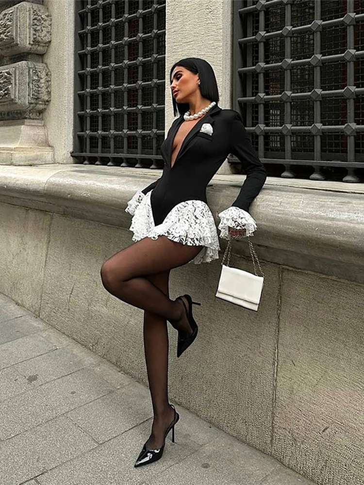 Kliou الدانتيل المرقعة داخلية امرأة منخفضة الرقبة متوهج كم التباين تصميم الكشكشة هيم الساخن الفتيات الشارع مثير موضة Bodycon #3