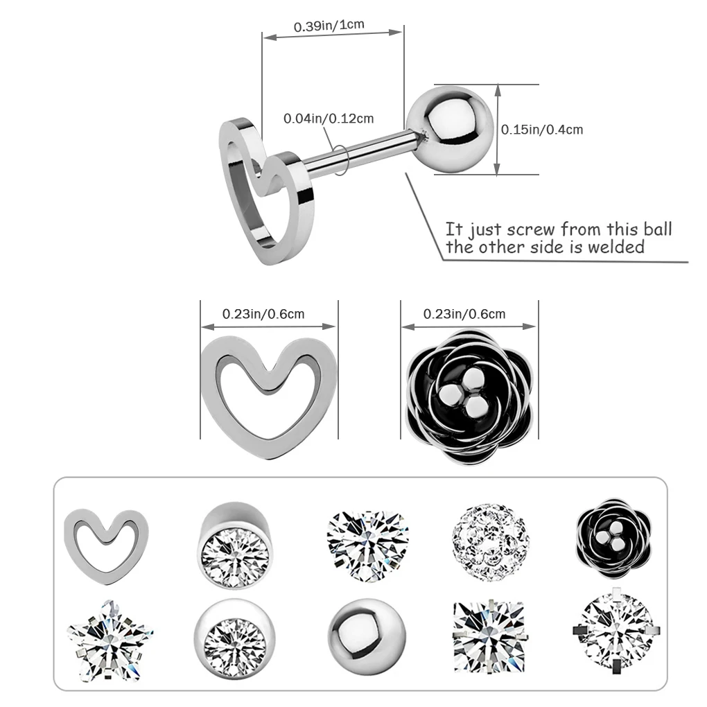 10 paia di gioielli Piercing per il corpo Set di orecchini a bottone con naso in acciaio inossidabile anello per labbra per donna colore acciaio