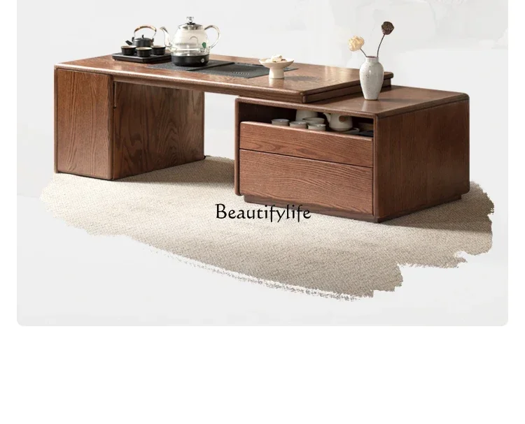 

Solid wood retractable coffee table oak simple household kung fu tea table integrated