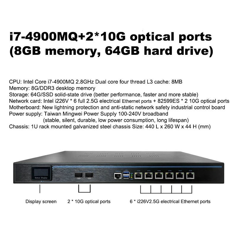 

Сервер с процессором i7-4900MQ, 8 ГБ DDR3, 64 ГБ SSD, 10 оптическими портами, многосетевой коммуникацией, управлением транспортным трафиком и интеллектуальным контролем потока