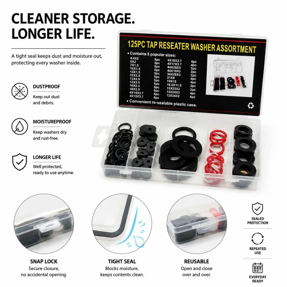 Tap Reseater Washers 125Pcs Assortment Kit Multi Size Leak-Proof Seal Gasket Rubber Washer for Faucet Plumbing Maintenance