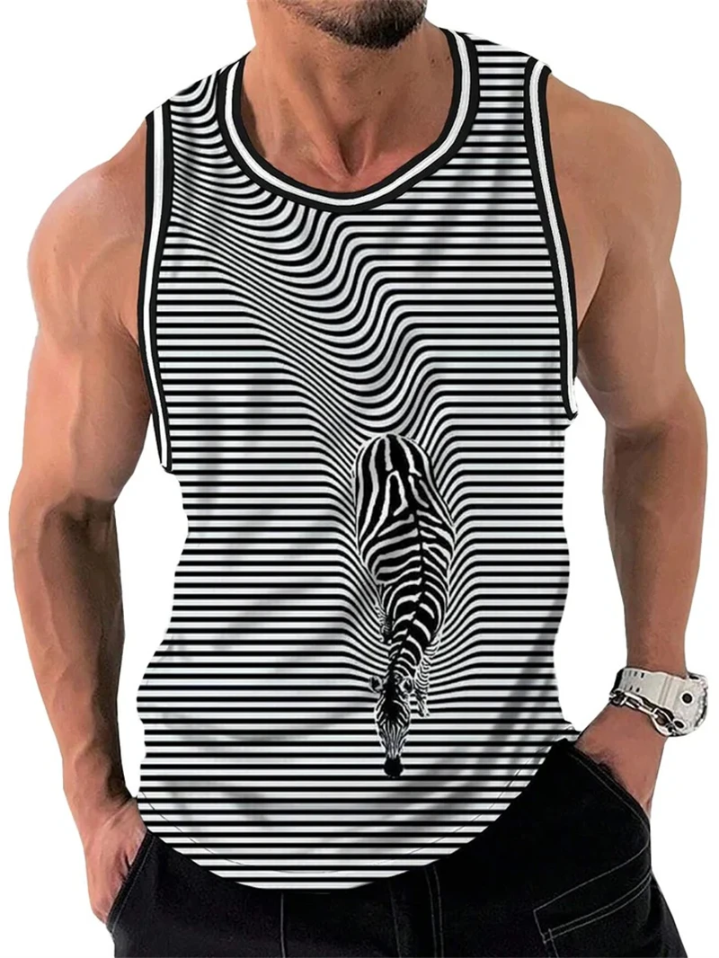 Mens Vintage Stripe 3D Printed Tank Tops Fashion Summer Sleeveless Casual Sports Vest Loose Quick Dry Breathable Tees Clothes image 5