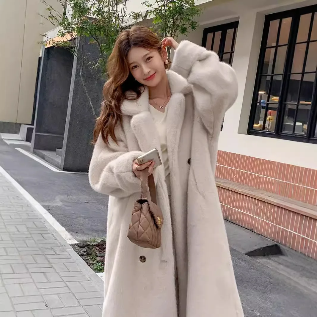 Long Faux Fur Coat Women Autumn Winter Large Jacket Overcoat White Turn Down Collar Pockets Thick Coat Warm Jackets Maxi Coats