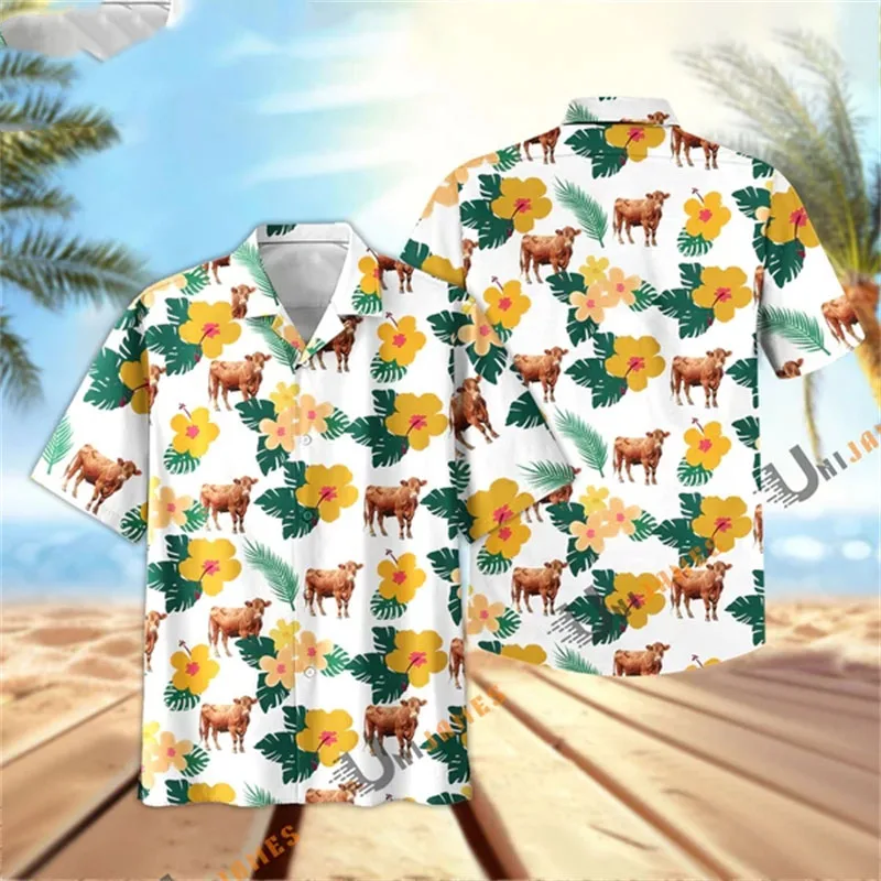 Animel-camisa con estampado 3D de vaca Hawaiana para hombre, Tops informales de manga corta con solapa de botones, alta calidad, moda de verano