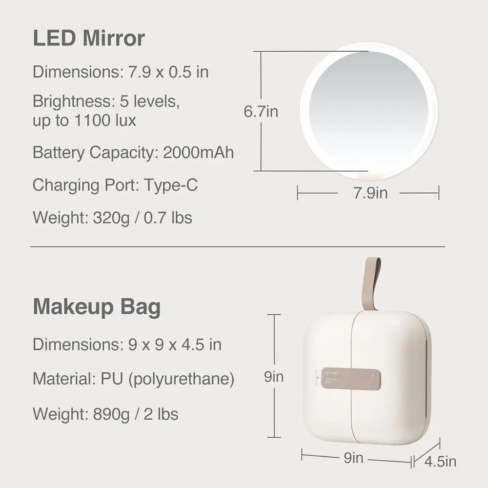 Portable 5-Level Brightness 3-Color LED Mirror Makeup Bag, White, Travel & Artist Organizer