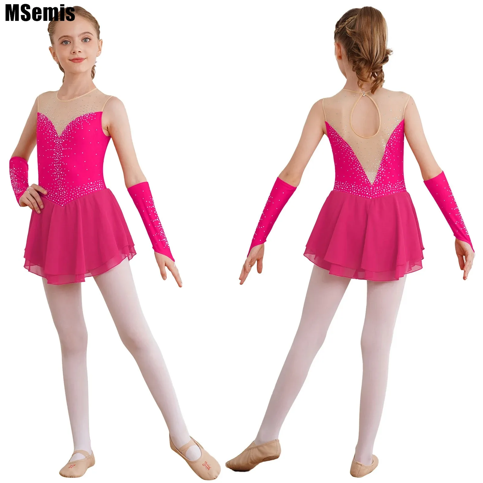 

Kids Girls Figure Skating Dance Dress Glittering Rhinestone Keyhole Back Sleeveless Stage Performance Dress with Gloves