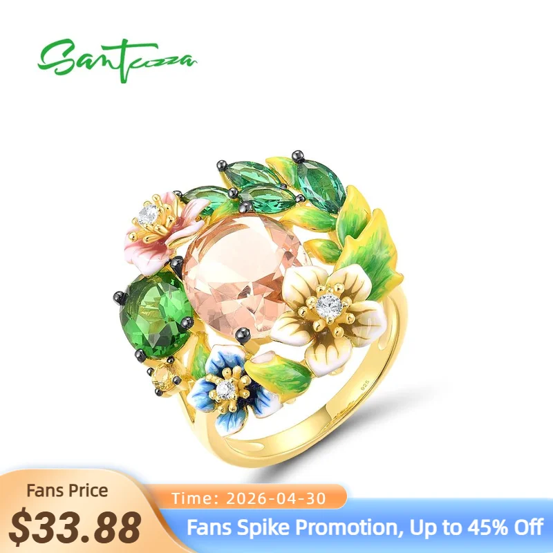 

SANTUZZA Genuine 925 Sterling Silver Rings For Women Sparkling Multi Color Gems Gorgeous Enamel Flower Wedding GiftFine Jewelry