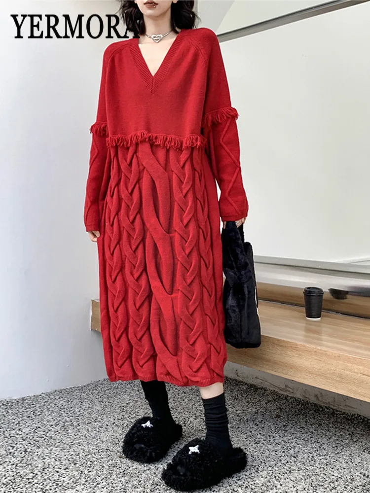 

YERMORA Red Tassel Twist Knitting Casual Dress For Women V-Neck Long Sleeve Loose New Sweater Fashion Tide Autumn Winter 2025