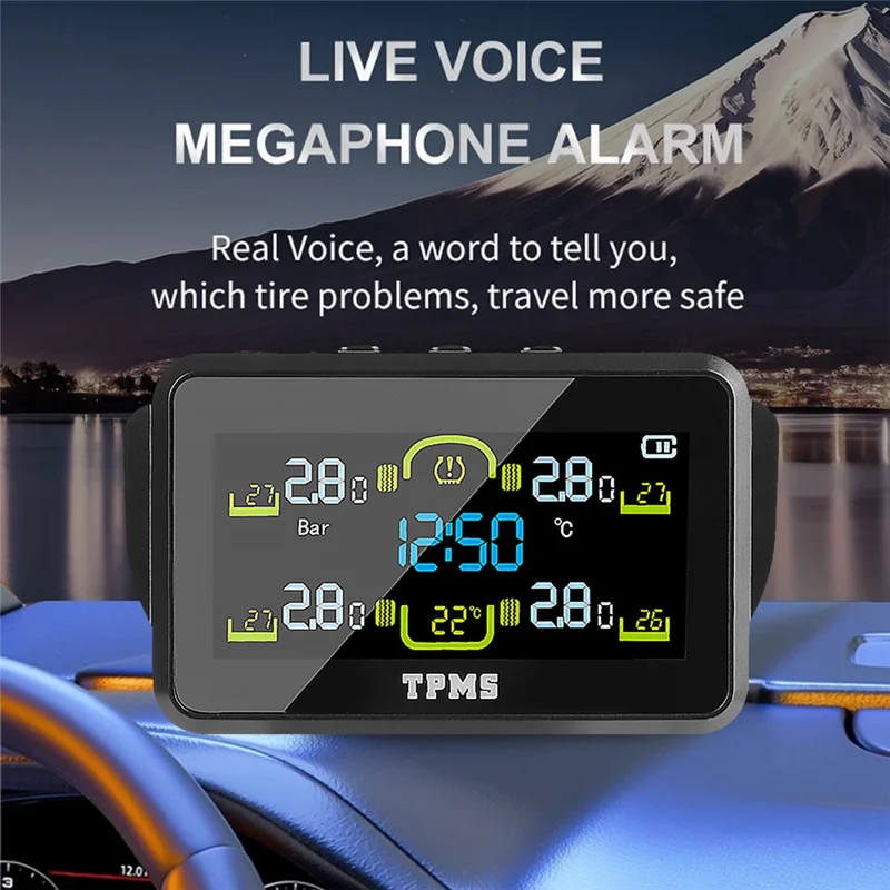 

Car Tyre Pressure Monitor With Temperature Warning Solar TPMS T14-1 Tire Pressure Monitoring System 4 External Sensors