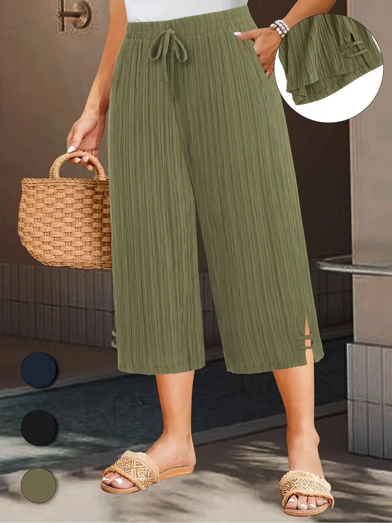 

Plus Size 1XL-5XL Women's Pants Spring Autumn Fashion Stripes Texture Natural Waist Ankle Wide Leg Daily Pants