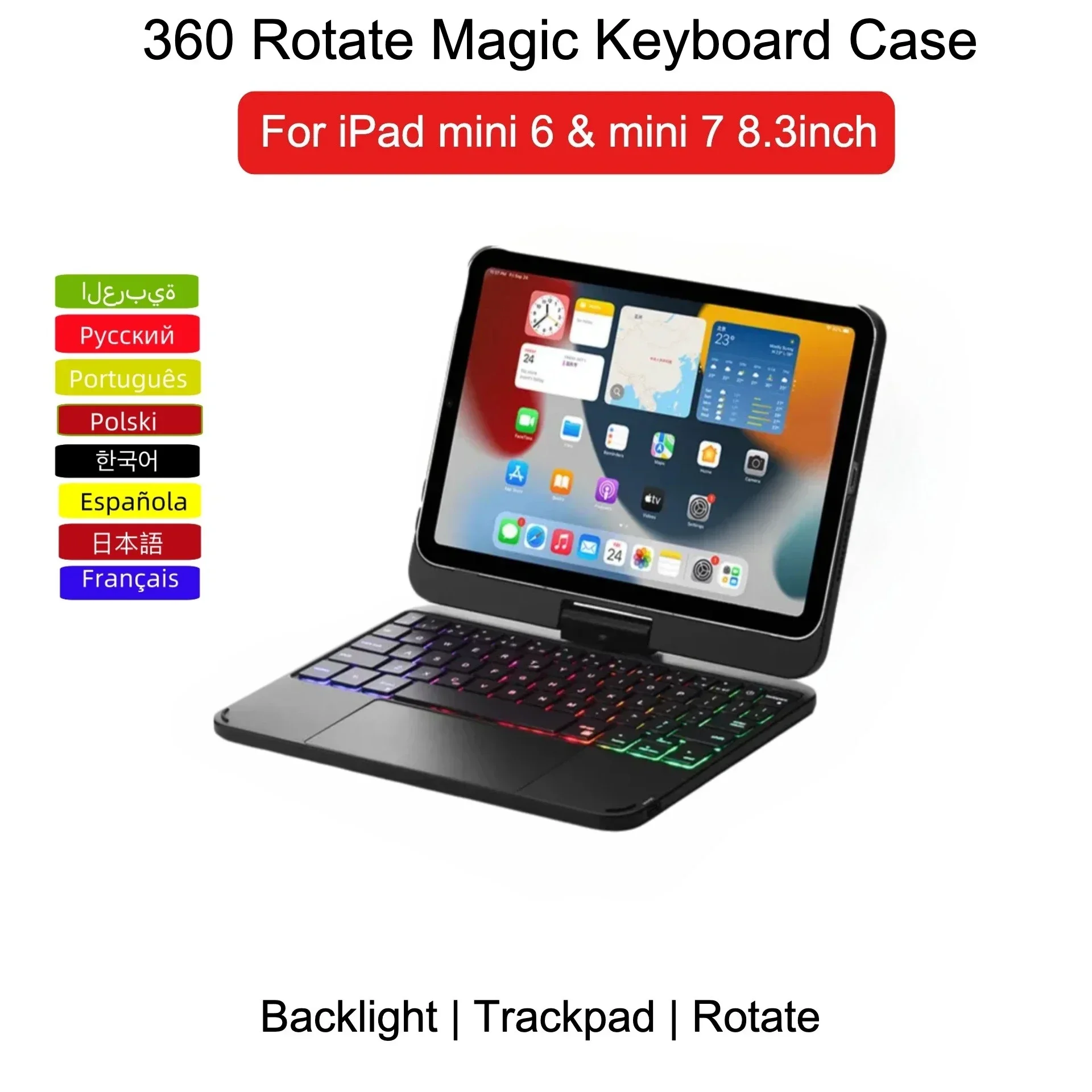 360 Rotate Magic Keyboard Case For iPad Mini 6 7 8.3 inch Tablet Case Bluetooth Russian Arabic Hebrew Spanish Polish Keyboard