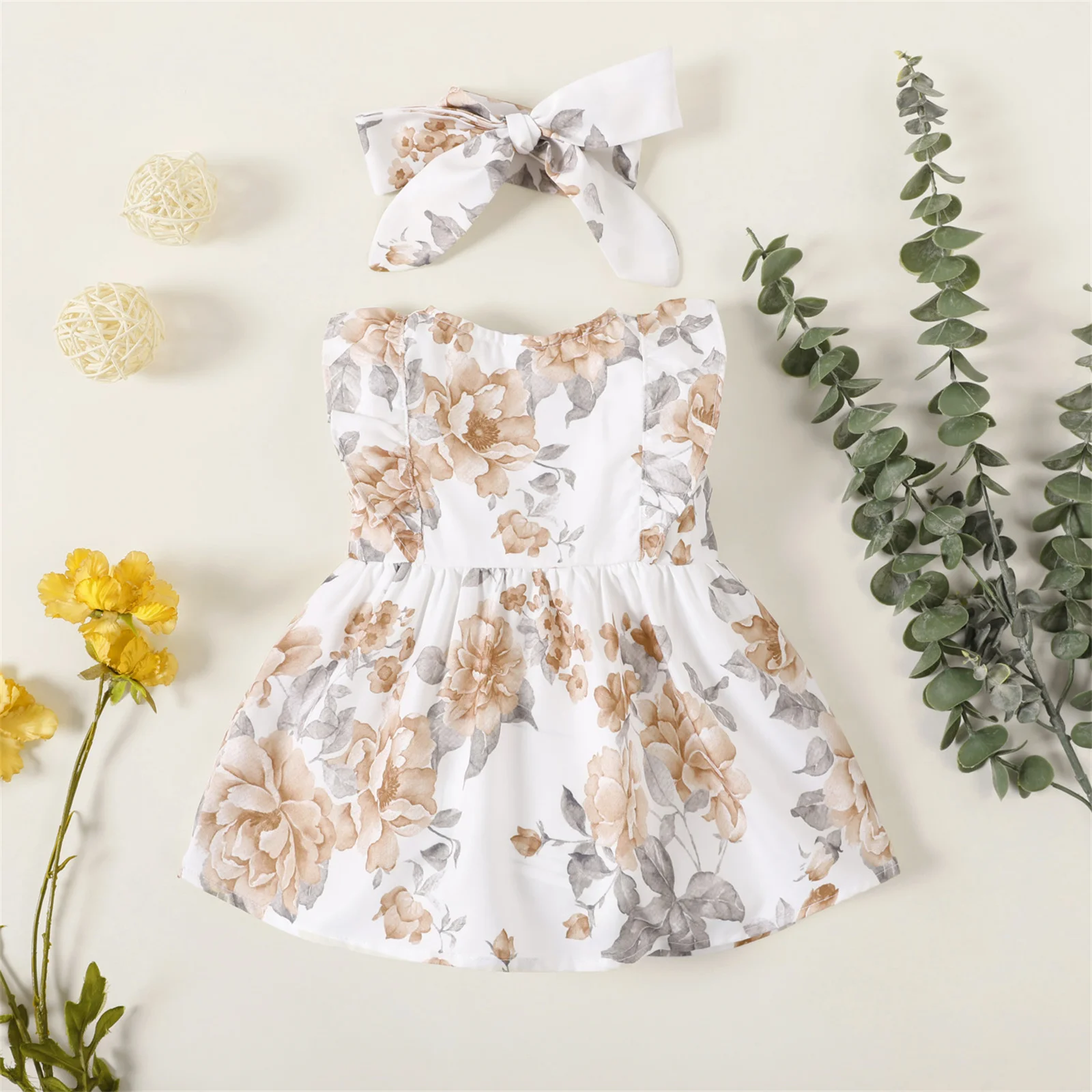 2pcs Summer Baby Girl Clothes 100% Cotton Cute Solid/Floral-print Sleeveless Ruffle Button Up Dress with Headband Set