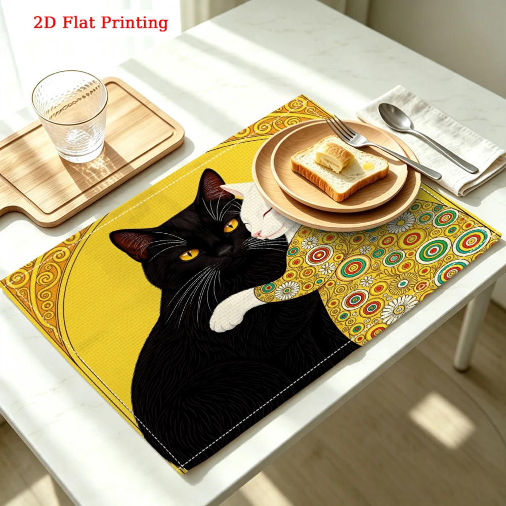 Two Cats Embracing Yellow Background Kitchen Placemat Coaster Linen Pad Dish Coffee Cup Table Mat 30x40cm Home Decor