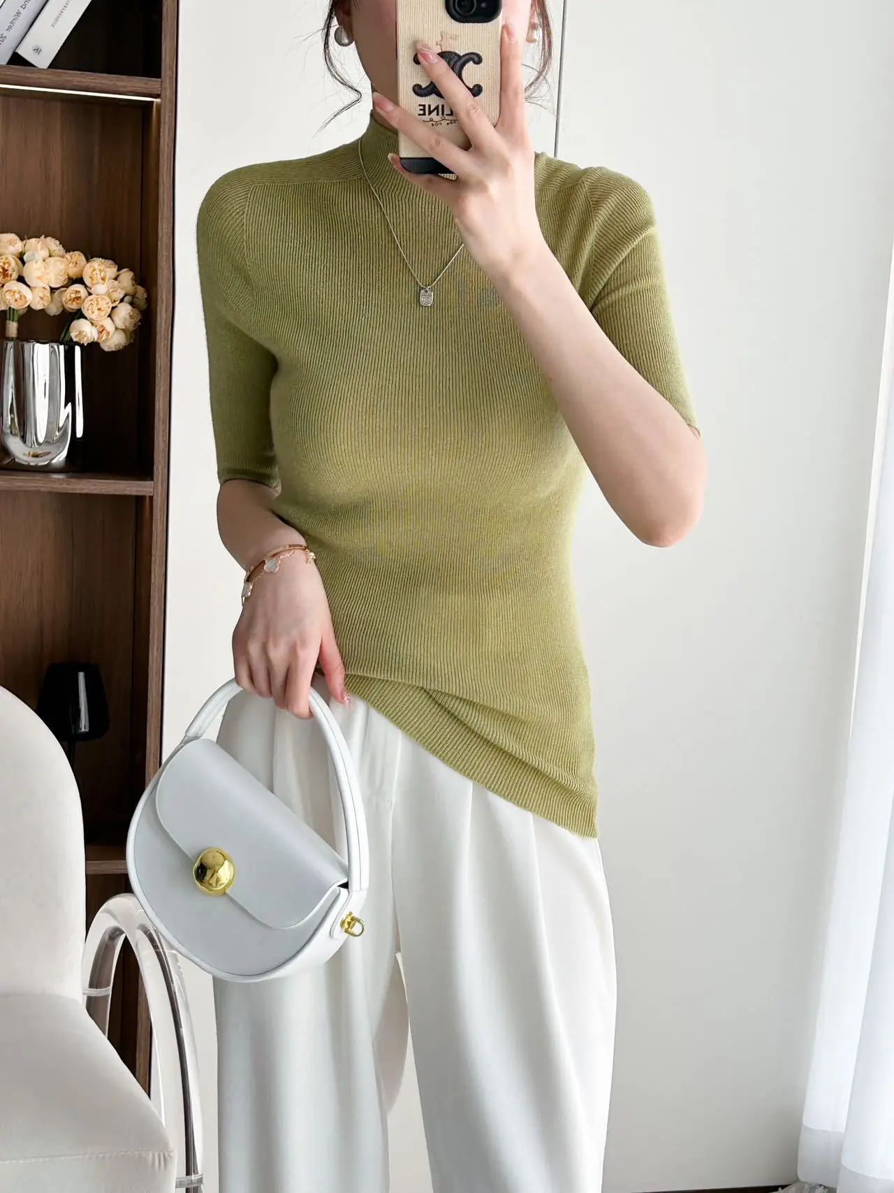 Women's 100 Pure Wool Five-quarter Sleeve Knit Sweater Half Turtleneck Slim-fit Pit Strip Knit Seamless