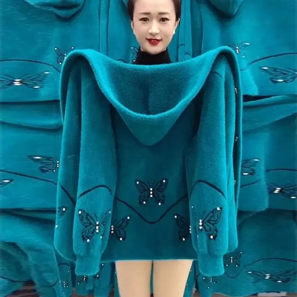 Middle Aged Elderly Mother Imitation Mink Velvet Coat Autumn Winter Thicken Hooded Cardigan Sweater Women Knitted Jacket MT9